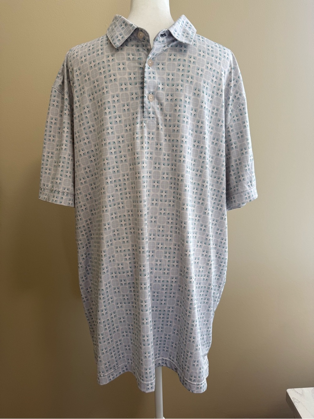 Mizzen + Main XL Polo Mens Versa White Blue Geometric Stretch Golf Quick Dry